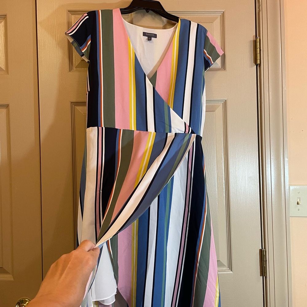 Madison Colorful Striped High‎ Low Dress with Tie Waist and Side Zipper, Size XL